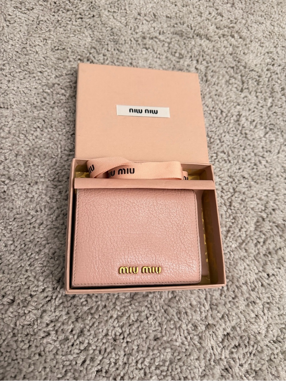 Miu Miu Blush Pink Pebbled Leather Wallet with Gold Logo